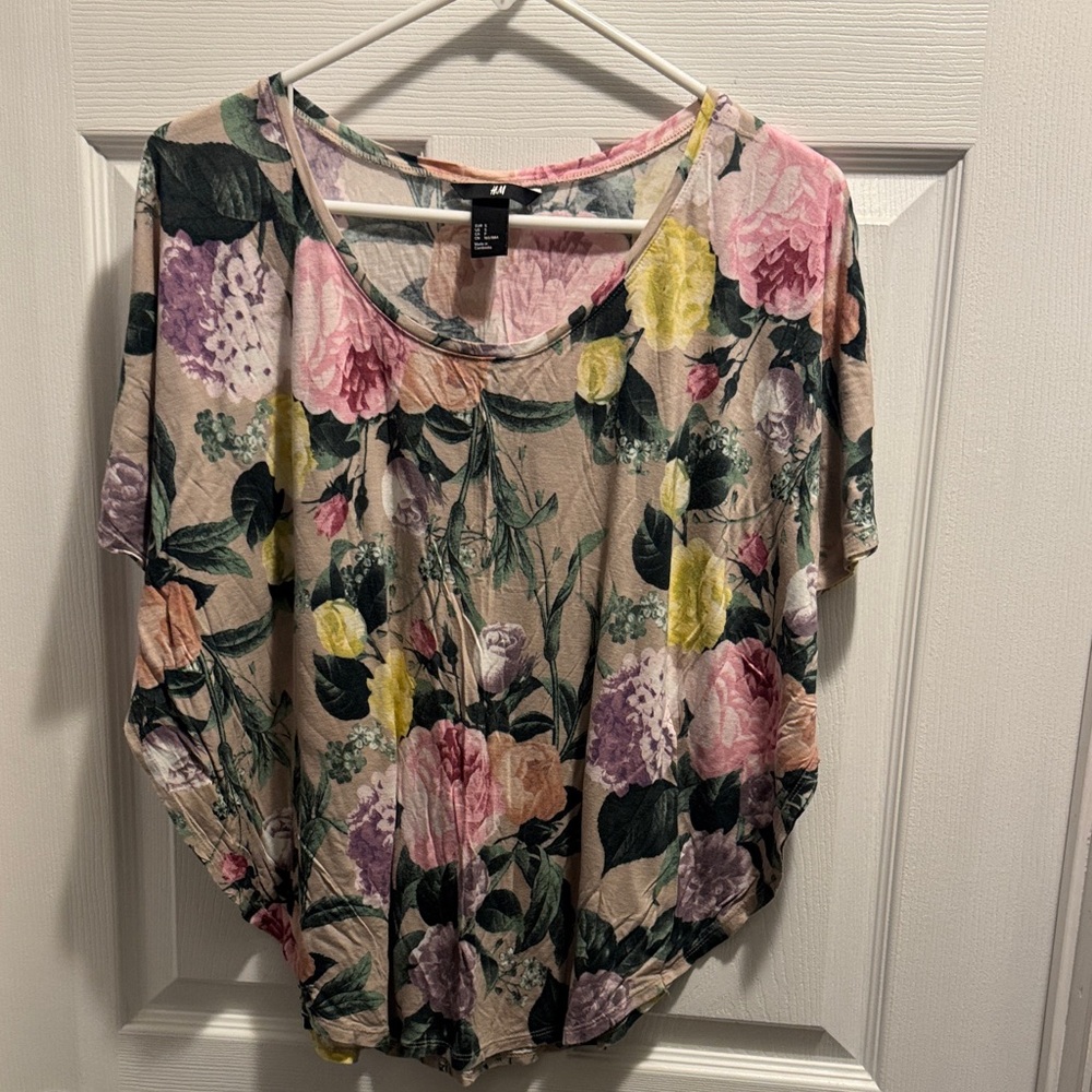 H&M Pink and Yellow Floral Short Sleeve Tee